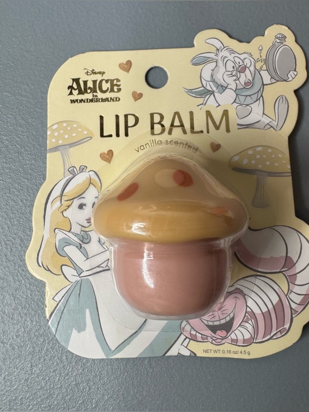 Disney Alice in Wonderland Mushroom shaped Lip Balm vanilla scented Pink & Yello